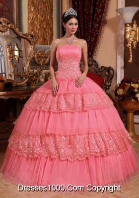 Watermelon Ball Gown Strapless Lace and Appliques Dresses Quinceanera for 2014