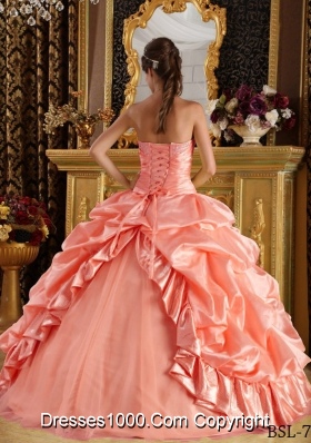 Watermelon Ball Gown Strapless Quinceanera Dress with Pick-ups and Appliques Beading