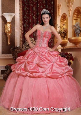 Watermelon Ball Gown Sweetheart Beading Quinceanera Dress with Pick-ups