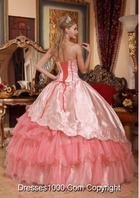 Watermelon Ball Gown Sweetheart Quinceanera Dresses Gowns with Embroidery Ruffled Layers