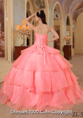 Watermelon Ball Gown Sweetheart Ruffled Layers and Appliques Beading Dress For Quinceaneras