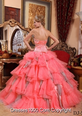 Watermelon Ball Gown Sweetheart Ruffled Layers Sweet Sixteen Quinceanera Dresses with  Appliques