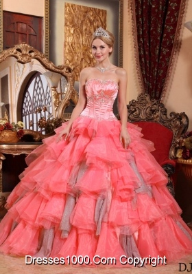 Watermelon Ball Gown Sweetheart Ruffled Layers Sweet Sixteen Quinceanera Dresses with  Appliques
