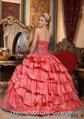 Watermelon Red Ball Gown Strapless Ruffles Taffeta Dresses Quinceanera with Appliques