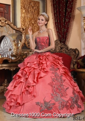 Watermelon Red Ball Gown Strapless Ruffles Taffeta Dresses Quinceanera with Appliques
