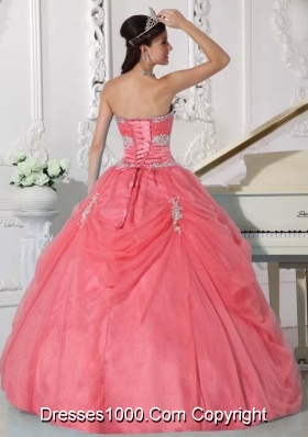 Watermelon Strapless Appliques and Hand Made Flower Quinceanera Dress with Pick-ups