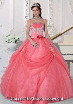 Watermelon Strapless Appliques and Hand Made Flower Quinceanera Dress with Pick-ups