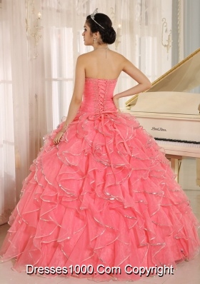 2014 Ruffles and Beading For Watermelon Red Custom Made Quinceanera Dress