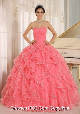 2014 Ruffles and Beading For Watermelon Red Custom Made Quinceanera Dress