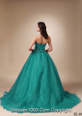 Princess Sweetheart Chapel Train Turquoise Quinceanea Dress with Beading