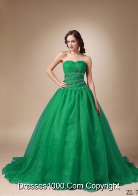 Princess Sweetheart Chapel Train Turquoise Quinceaneras Dresses with Beading