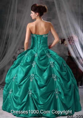 Puffy Strapless Turquoise Quinceaneras Dresses with Appliques and Pick-ups