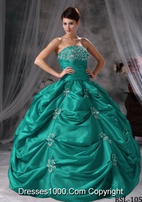 Puffy Strapless Turquoise Quinceaneras Dresses with Appliques and Pick-ups