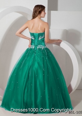 Strapless Tulle Turquoise Quinceanera Dress with Appliques and Beading