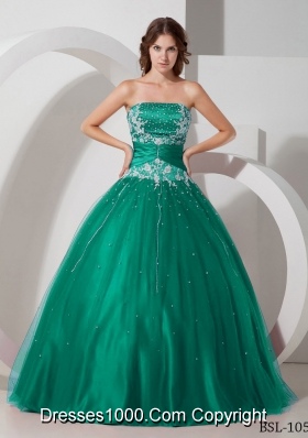 Strapless Tulle Turquoise Quinceanera Dress with Appliques and Beading