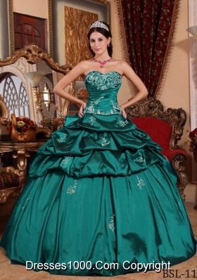 Turquoise Sweetheart Taffeta Appliques and Pick-ups Quinceanera Gown Dresses