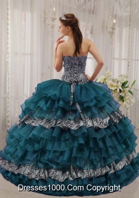 Turquoise Sweetheart Zebra and Organza Quinceanera Dresses with Beading and Layers