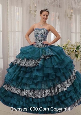 Turquoise Sweetheart Zebra and Organza Quinceanera Dresses with Beading and Layers