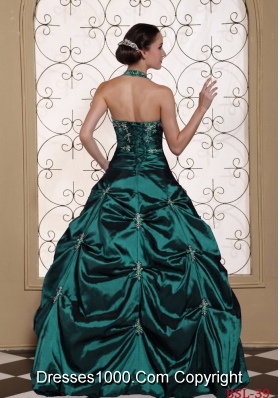 Halter Top Turquoise Quinceanera Gown Dresses with Embroidery and Beading