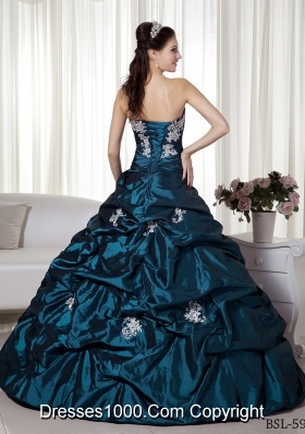 Princess Strapless Taffeta Turquoise Quinceanera Dresses with Appliques and Pick-ups