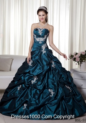 Princess Strapless Taffeta Turquoise Quinceanera Dresses with Appliques and Pick-ups