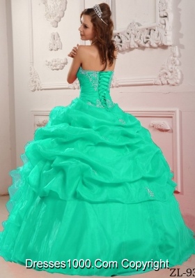 Apple Green Strapless Organza Turquoise Quinceanera Dresses with Beading and Ruffles