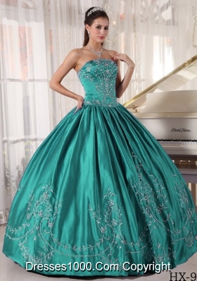 Puffy Strapless Turquoise Sweet 16 Dresses with  Embroidery