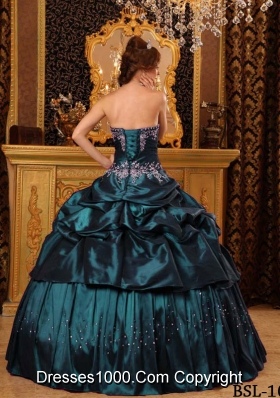 Remarkable Strapless Turquoise Quincenera Dresses with Appliques and Pick-ups