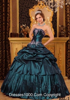 Remarkable Strapless Turquoise Quincenera Dresses with Appliques and Pick-ups