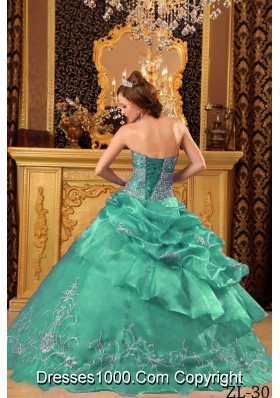 Strapless Organza Turquoise Quinceanera Dress with Embroidery and Pick-ups