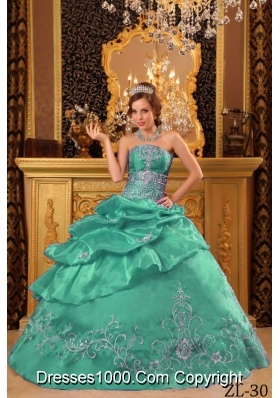 Strapless Organza Turquoise Quinceanera Dress with Embroidery and Pick-ups