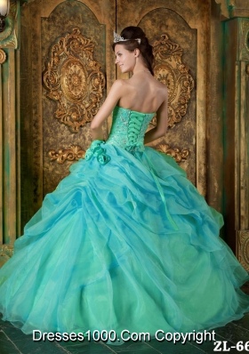 Strapless Organza Turquoise Quinceanera Dresses with Beading