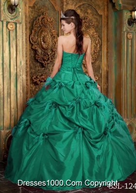 Strapless Taffeta Turquoise Quinceanera Dresses with Flowers