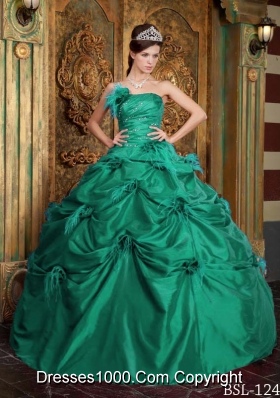 Strapless Taffeta Turquoise Quinceanera Dresses with Flowers