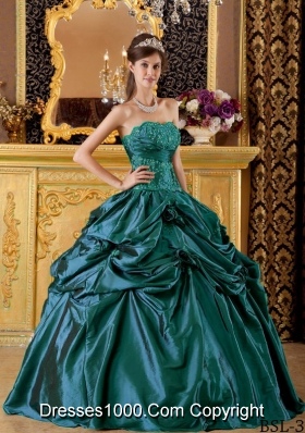 Strapless Turquoise Quinceanera Dress with Appliques and Flowers