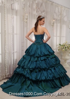 Sweetheart Court Train Appliques Turquoise Quinceanera Dresses with Pick-ups