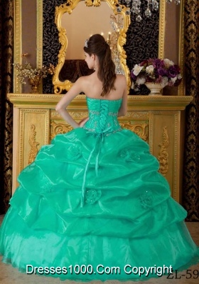 Sweetheart Organza Turquoise Quinceanera Dresses with  Appliques and Pick-ups