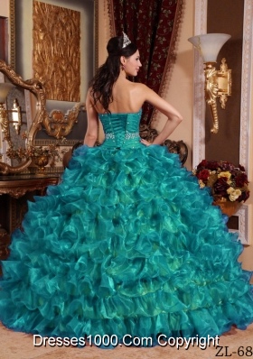 Sweetheart Organza Turquoise Quinceanera Dresses with Ruffles and Beading