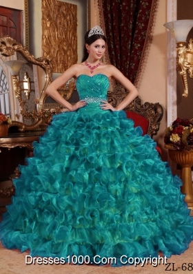 Sweetheart Organza Turquoise Quinceanera Dresses with Ruffles and Beading