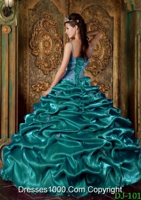 Taffeta Beading and Pick-ups Turquoise Quinceanera Gowns with Spaghetti Straps