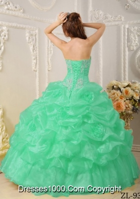 Turquoise Quinceanera Gowns with Beading and Pick-ups Strapless Organza