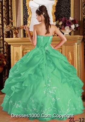 Turquoise Strapless Organza Quinceaneras Dress with Pick-ups and Embroidery