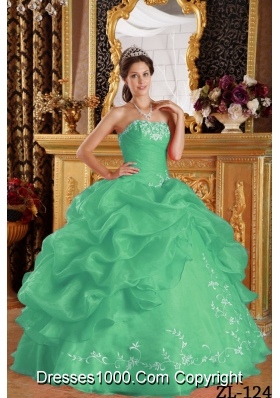 Turquoise Strapless Organza Quinceaneras Dress with Pick-ups and Embroidery