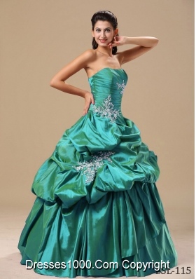 Turquoise Strapless Sweet Sixteen Dresses with Pick-ups and Appliques