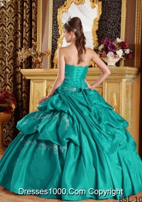 Turquoise Strapless Taffeta Quincenera Dresses with Appliques