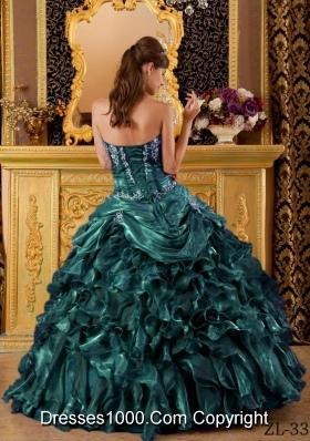 Turquoise Sweetheart Organza Sweet 16 Dresses with Ruffles and Appliques