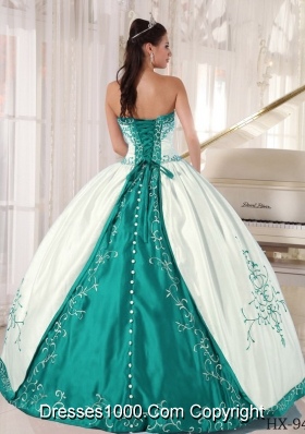 White and Turquoise Strapless Quinceanera Dress with Embroidery