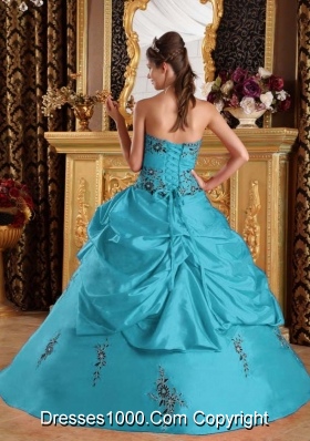 2014 Ball Gown Strapless Taffeta Teal Quinceanera Gown with Appliques