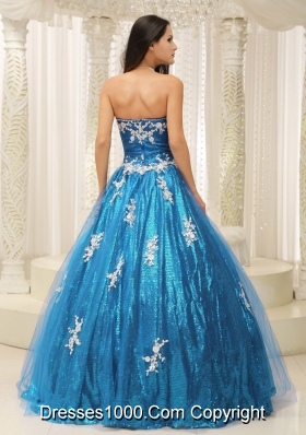 2014 Pretty A-line Quinceanera Dresses With Appliques Teal Paillette Over Skirt