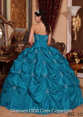 Affordable Strapless Taffeta Teal Appliques Quinceanera Dresses